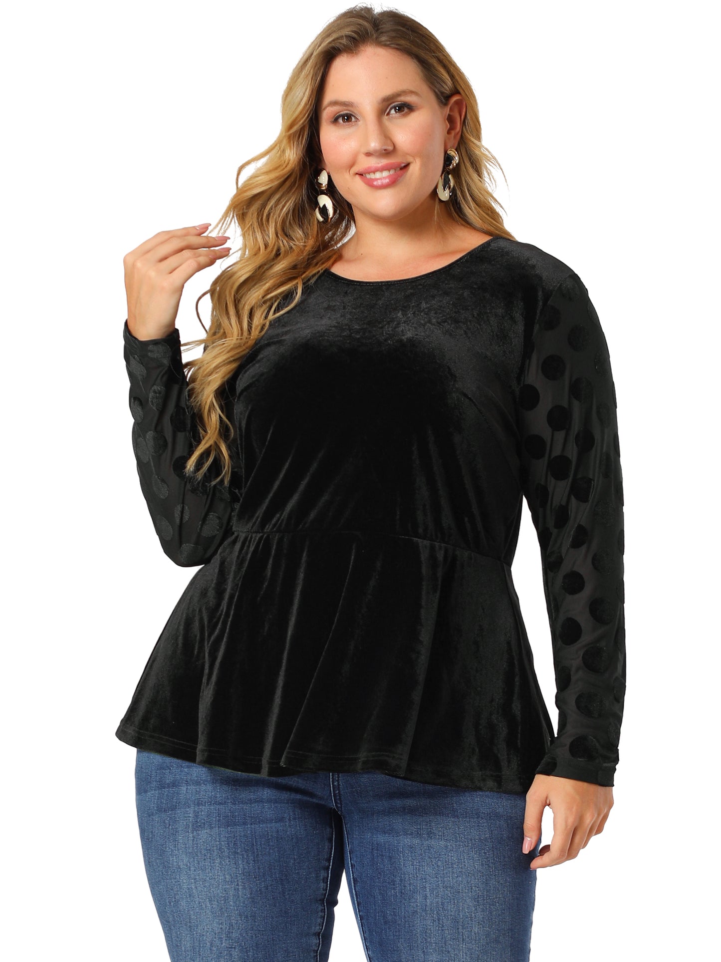 Women Plus Size Top Polka Dots Sheer Sleeve Velvet Peplum Top