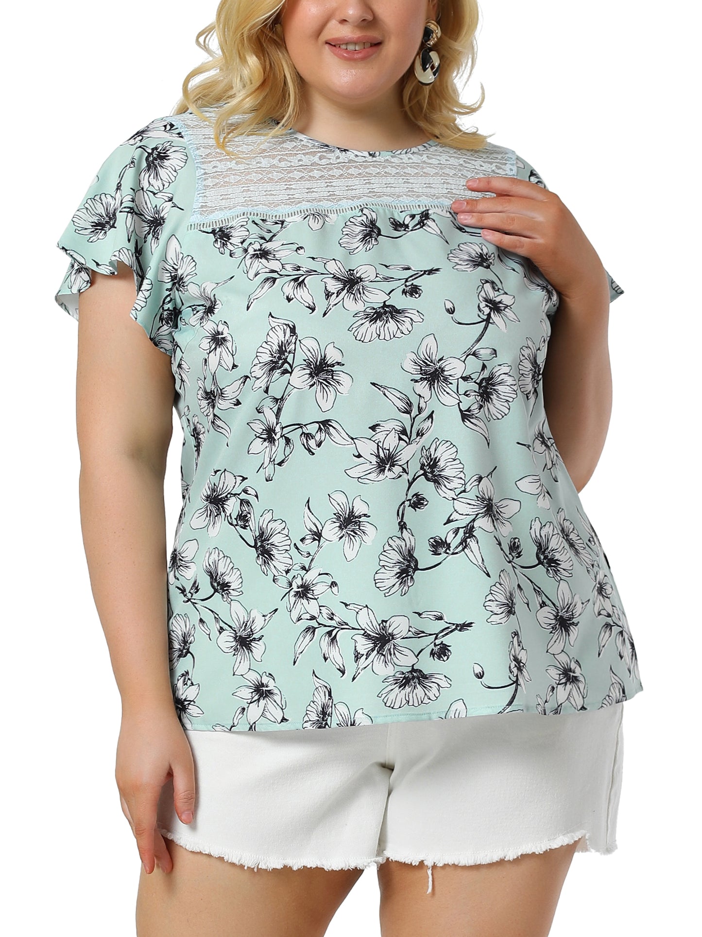 Women Plus Size Flared Sleeve Floral Summer Lace Panel Tunic Blouse