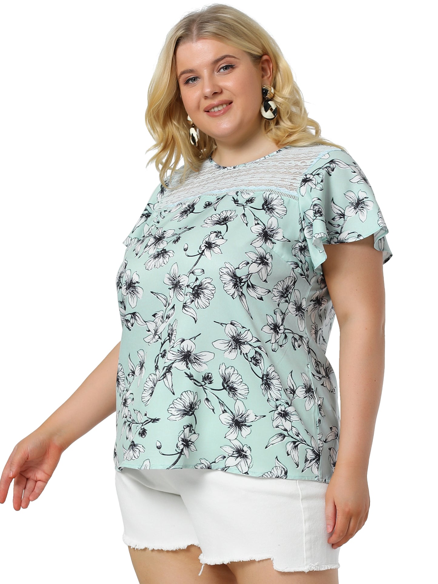 Women Plus Size Flared Sleeve Floral Summer Lace Panel Tunic Blouse