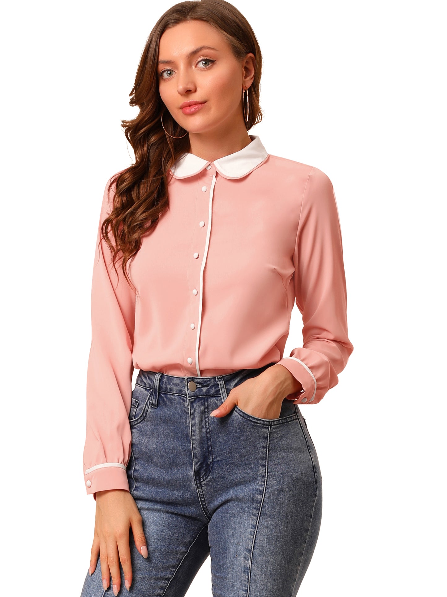 Women's Long Sleeve Contrast Peter Pan Collar Office Work Button Down Shirt