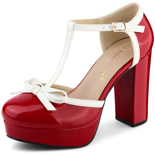 Zapatos de tacón grueso con plataforma y lazo en T para mujer
