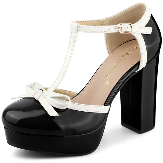 Zapatos de tacón grueso con plataforma y lazo en T para mujer
