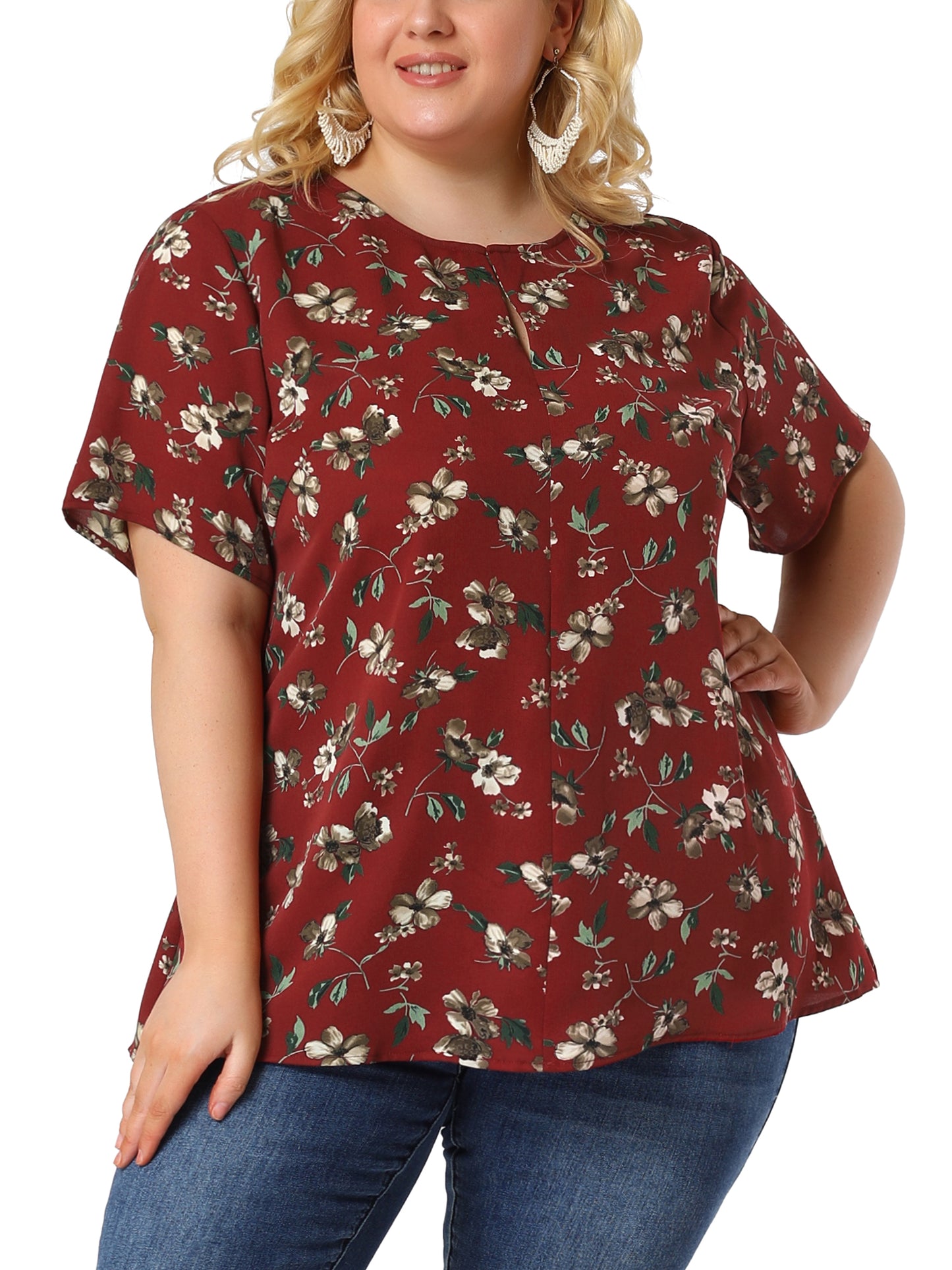 Women's Plus Size Short Sleeve Tie Waist Floral Print Blouse Peplum Summer Top