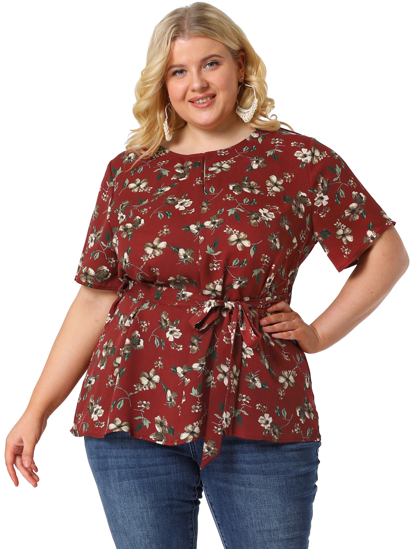 Women's Plus Size Short Sleeve Tie Waist Floral Print Blouse Peplum Summer Top