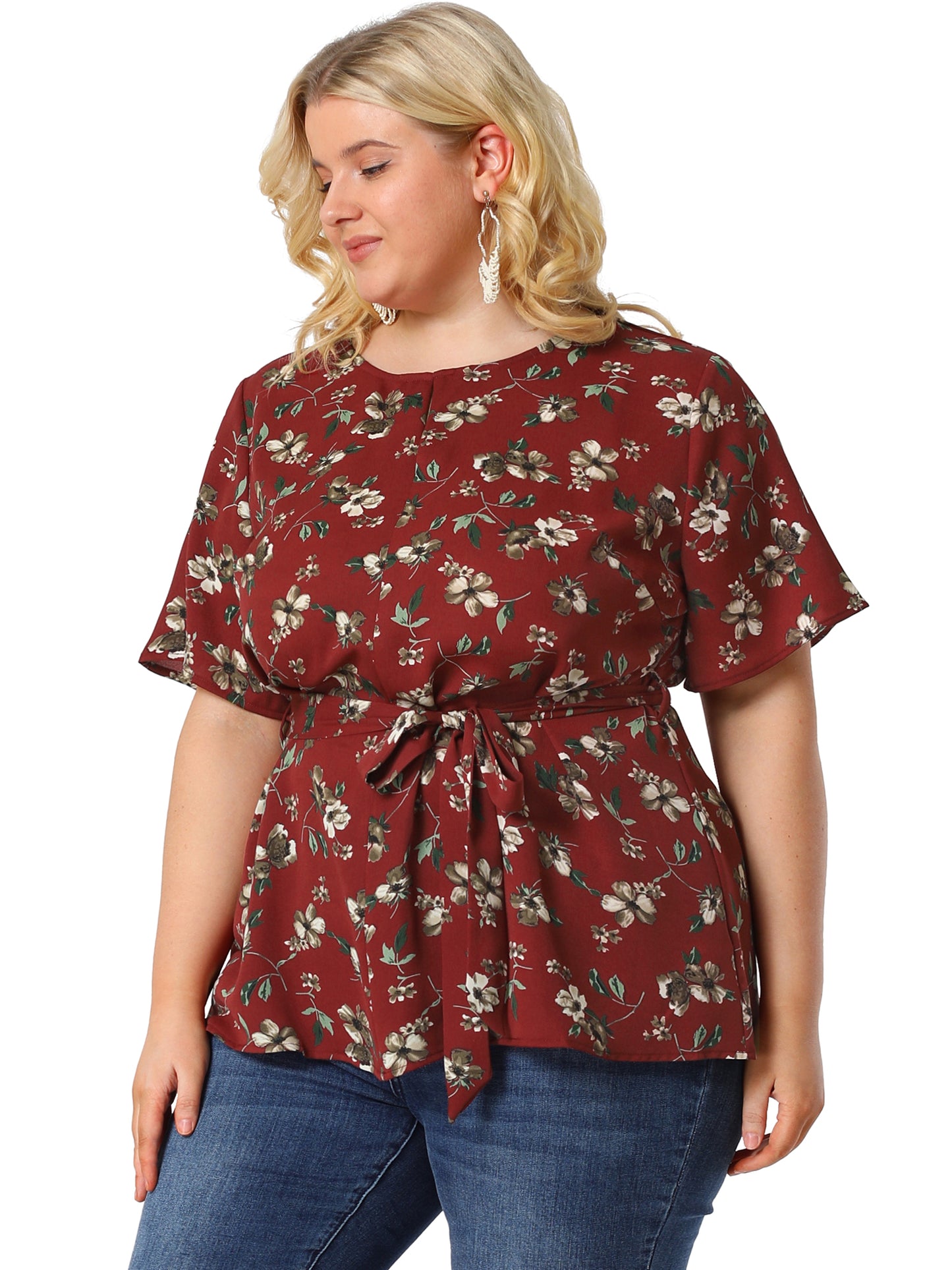 Women's Plus Size Short Sleeve Tie Waist Floral Print Blouse Peplum Summer Top