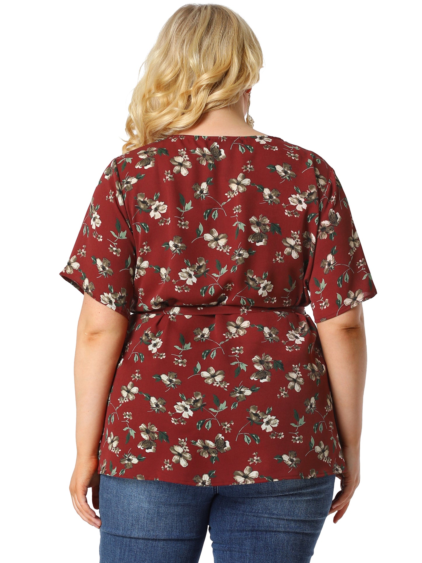 Women's Plus Size Short Sleeve Tie Waist Floral Print Blouse Peplum Summer Top