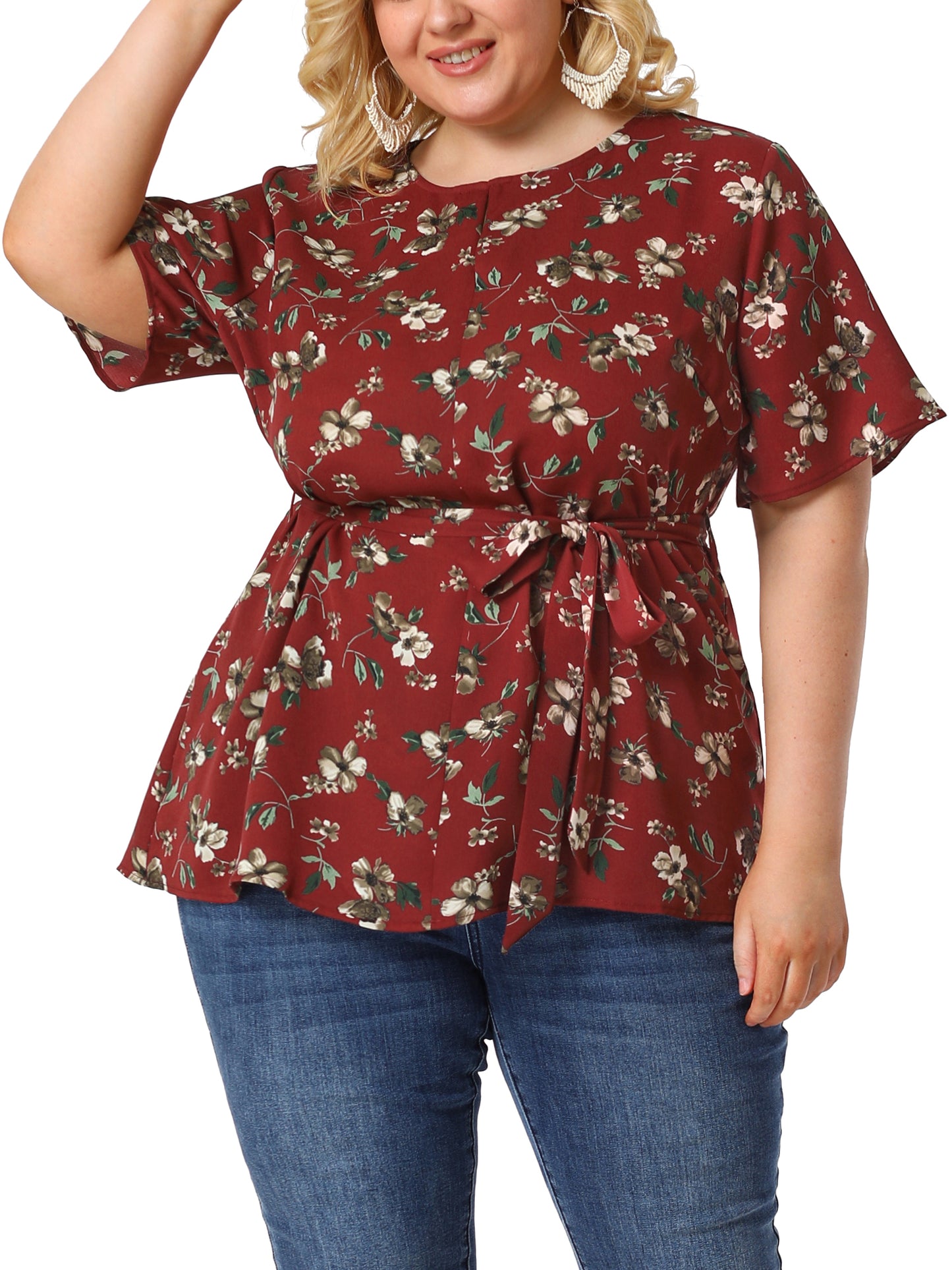 Women's Plus Size Short Sleeve Tie Waist Floral Print Blouse Peplum Summer Top