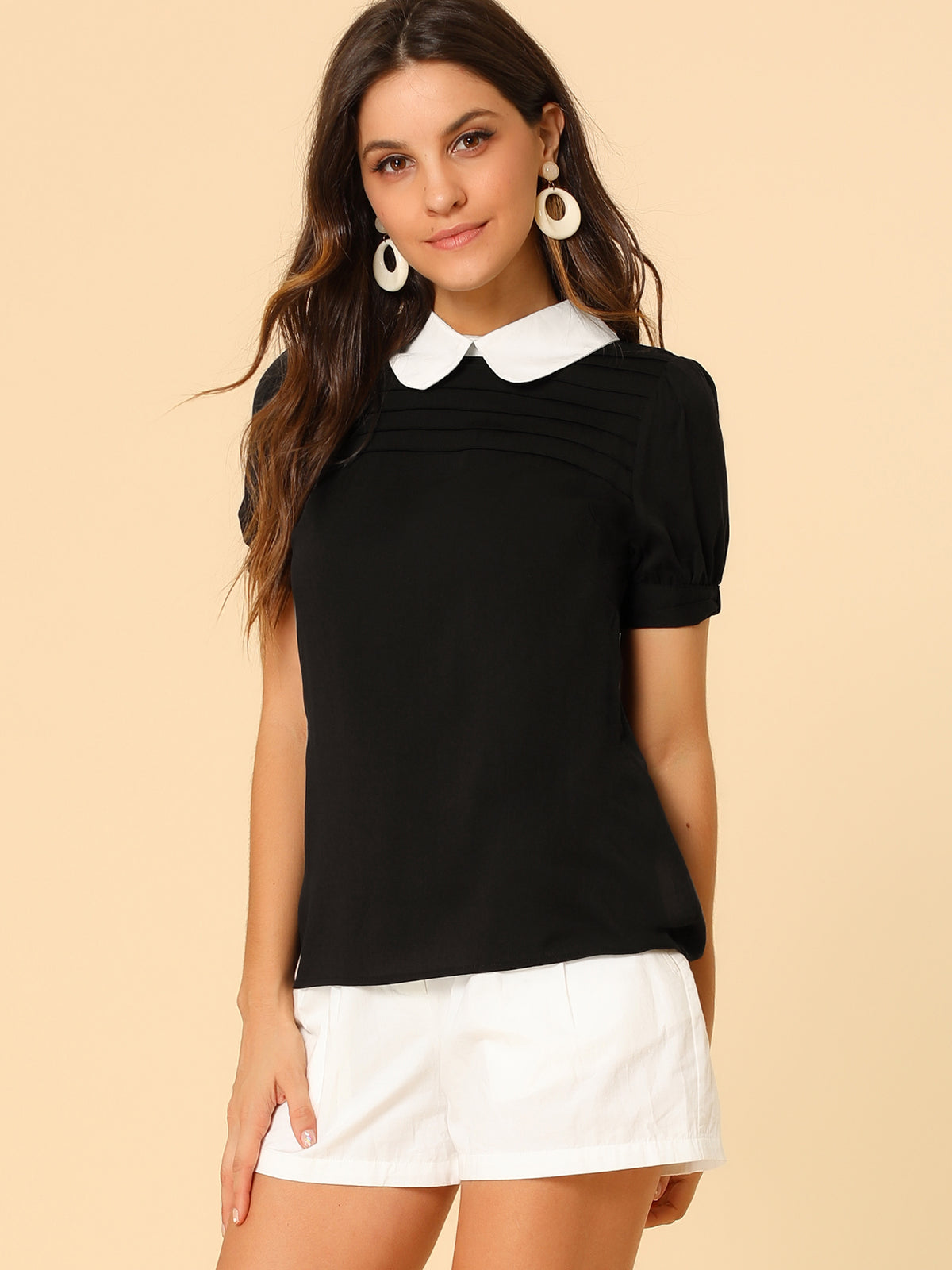 [PACK SALES] Women's 2 Pieces Contrast Peter Pan Collar Puff Short Sleeve Pleated Blosue