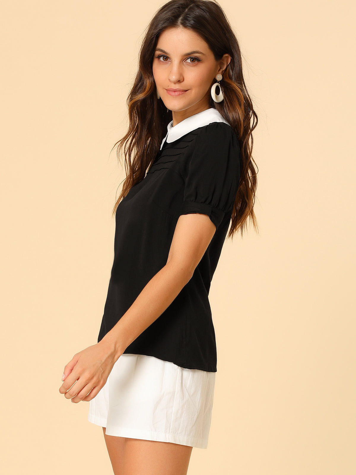 [PACK SALES] Women's 2 Pieces Contrast Peter Pan Collar Puff Short Sleeve Pleated Blosue