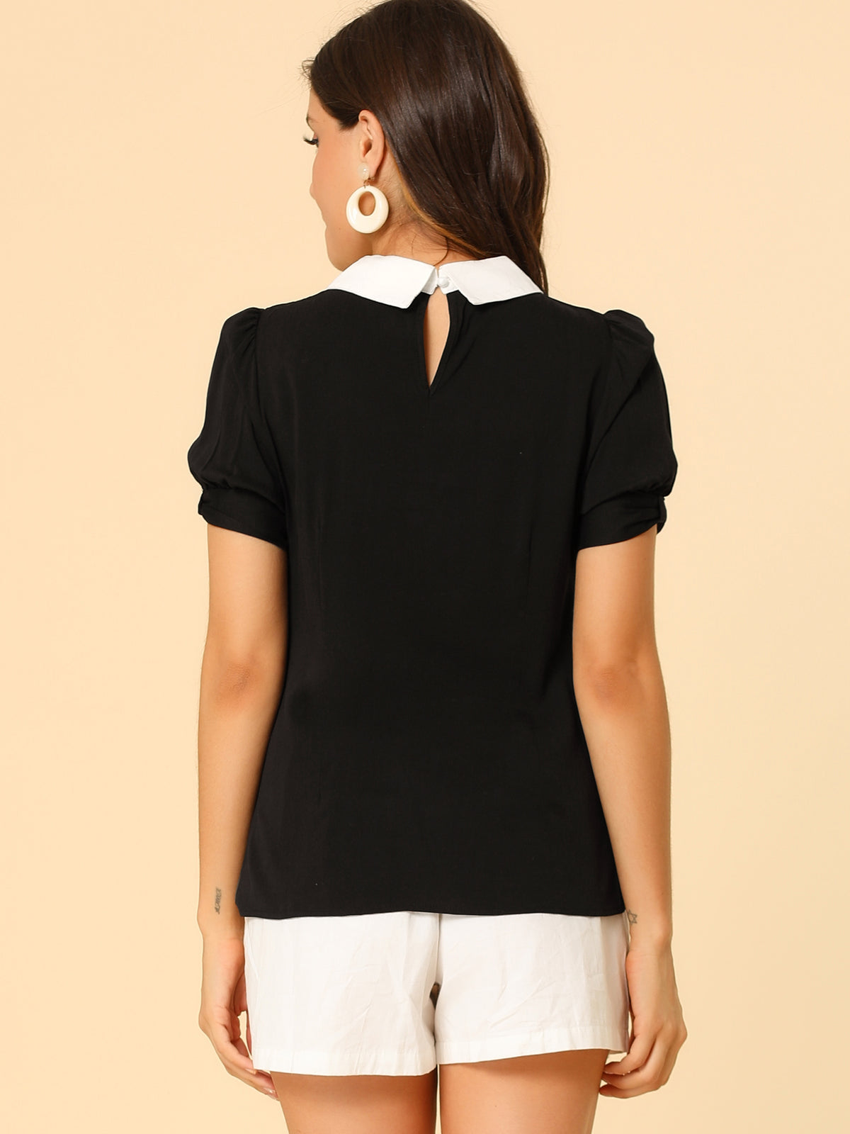 [PACK SALES] Women's 2 Pieces Contrast Peter Pan Collar Puff Short Sleeve Pleated Blosue