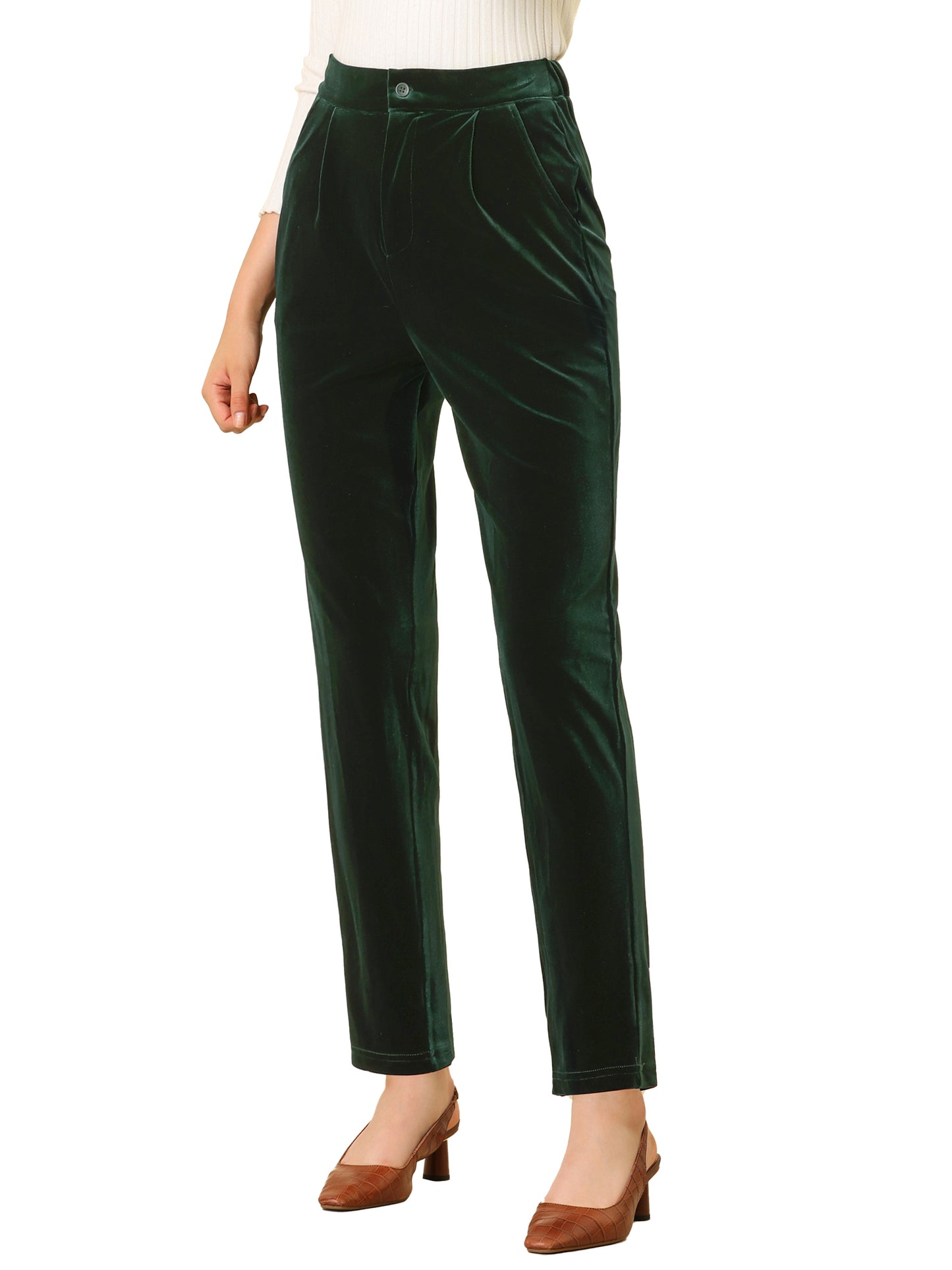 Women's Velvet Elegant High Waist Trousers with Pockets Work Ankle Pants