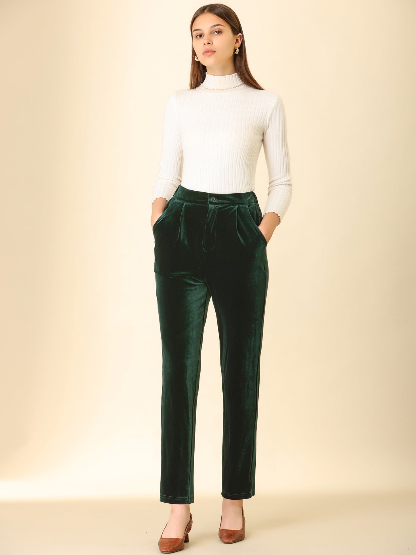 Women's Velvet Elegant High Waist Trousers with Pockets Work Ankle Pants