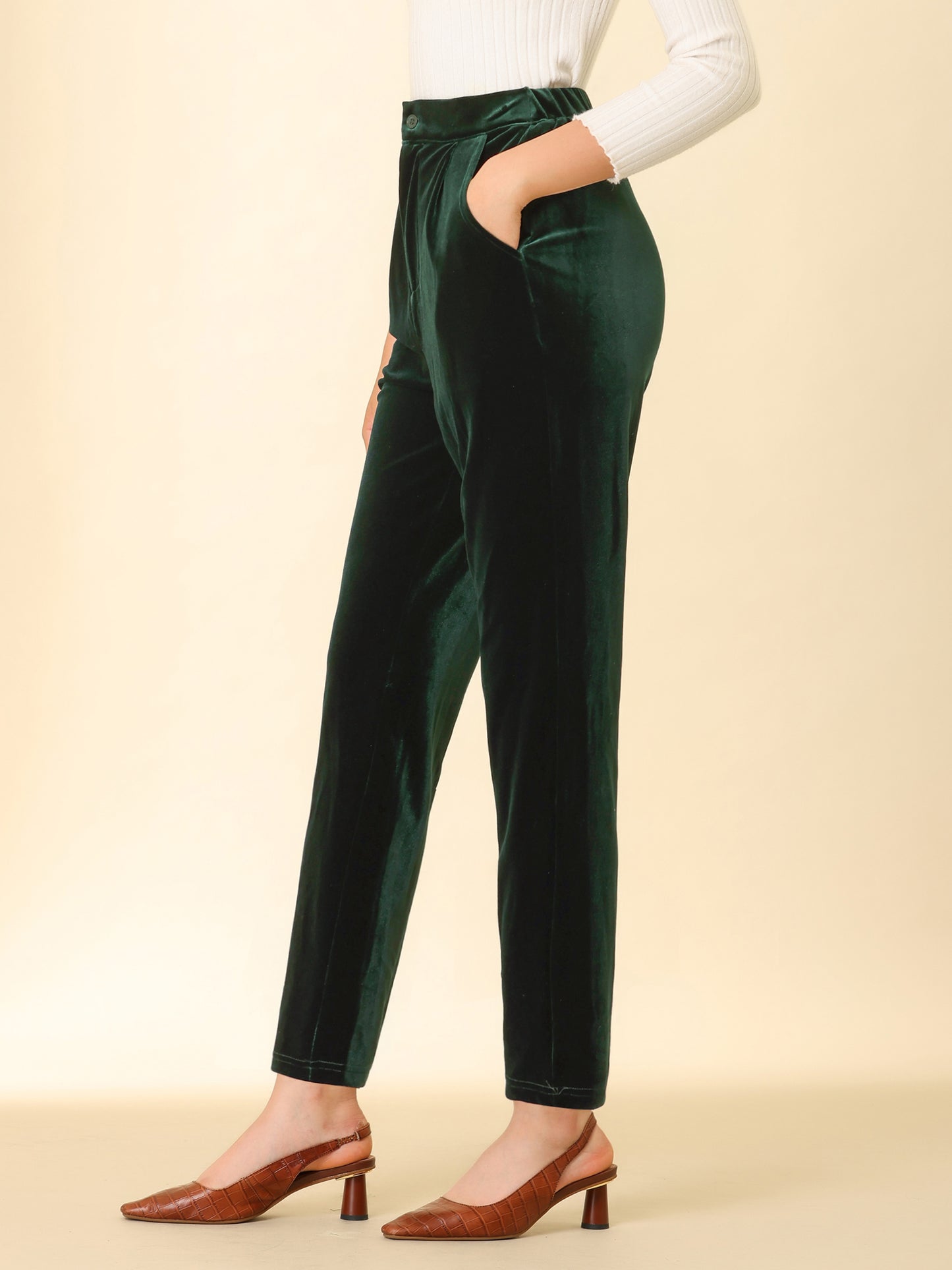 Women's Velvet Elegant High Waist Trousers with Pockets Work Ankle Pants