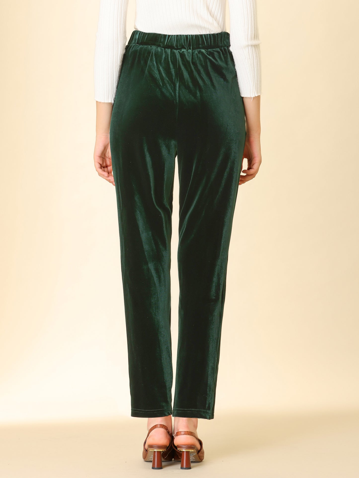 Women's Velvet Elegant High Waist Trousers with Pockets Work Ankle Pants