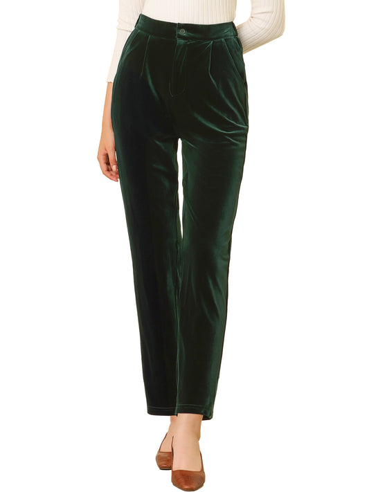 Women's Velvet Elegant High Waist Trousers with Pockets Work Ankle Pants