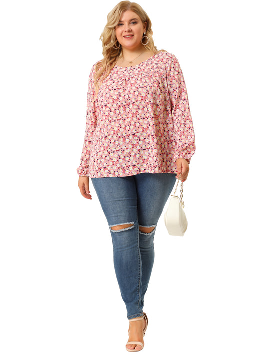 Women Plus Size Long Sleeve Floral Print Casual Blouse Top