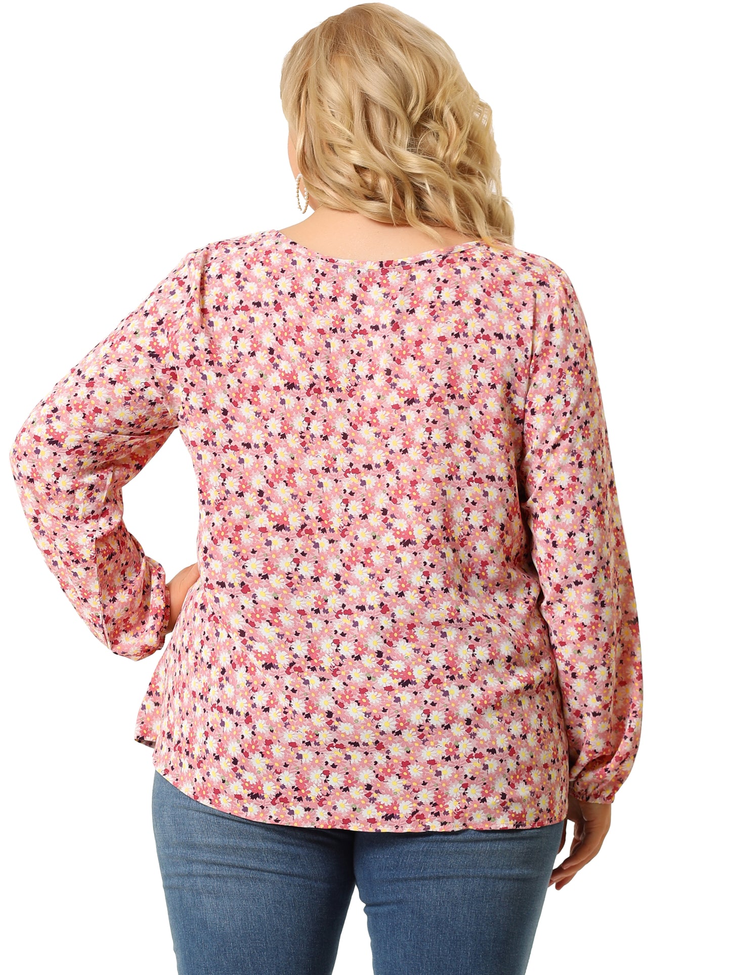 Women Plus Size Long Sleeve Floral Print Casual Blouse Top