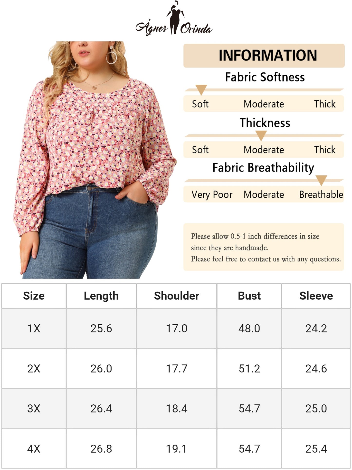 Women Plus Size Long Sleeve Floral Print Casual Blouse Top