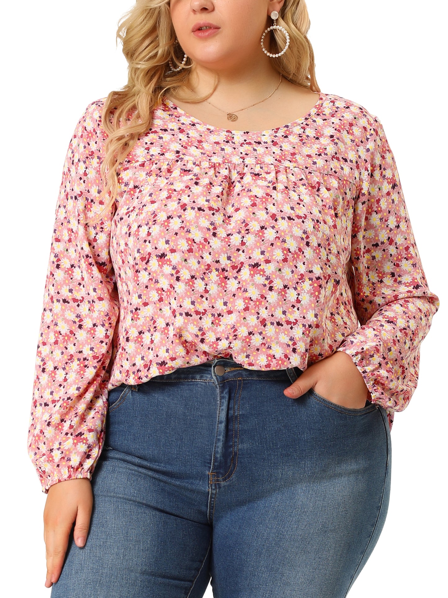 Women Plus Size Long Sleeve Floral Print Casual Blouse Top