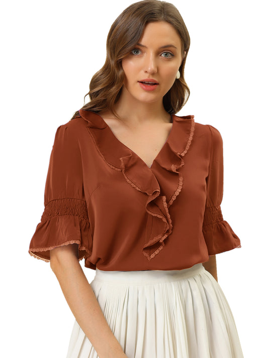 Women's Ruffle V Neck Puff Sleeve Blouse Summer Casual Chiffon Top