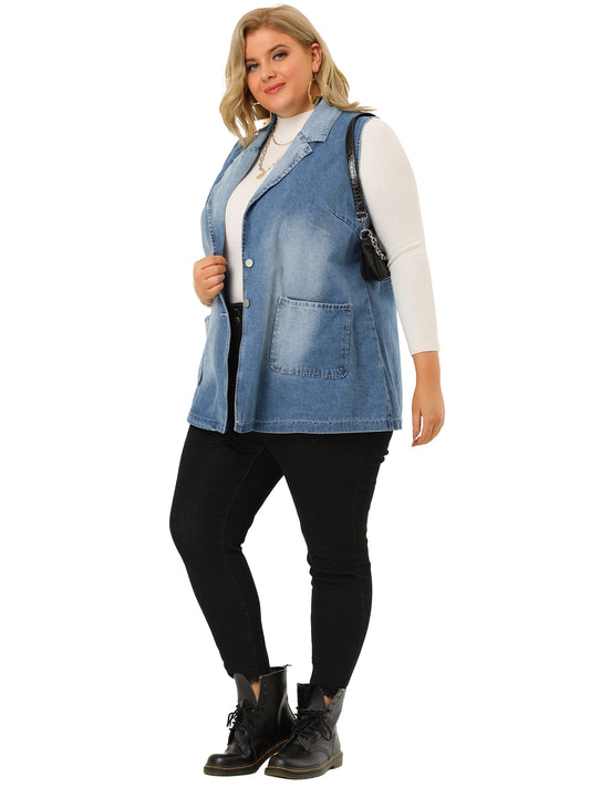 Women Plus Size Denim Vest Sleeveless Lapel Casual Long Jean Jackets Tunic Vest