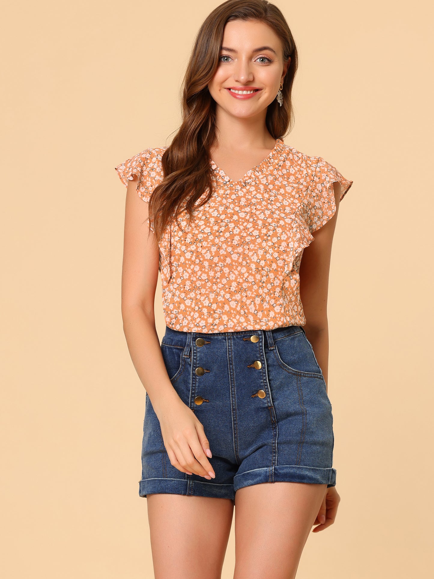 Women's Ruffle V Neck Cap Sleeves Floral Blouse