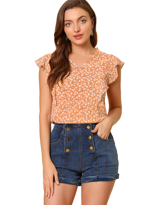 Women's Ruffle V Neck Cap Sleeves Floral Blouse