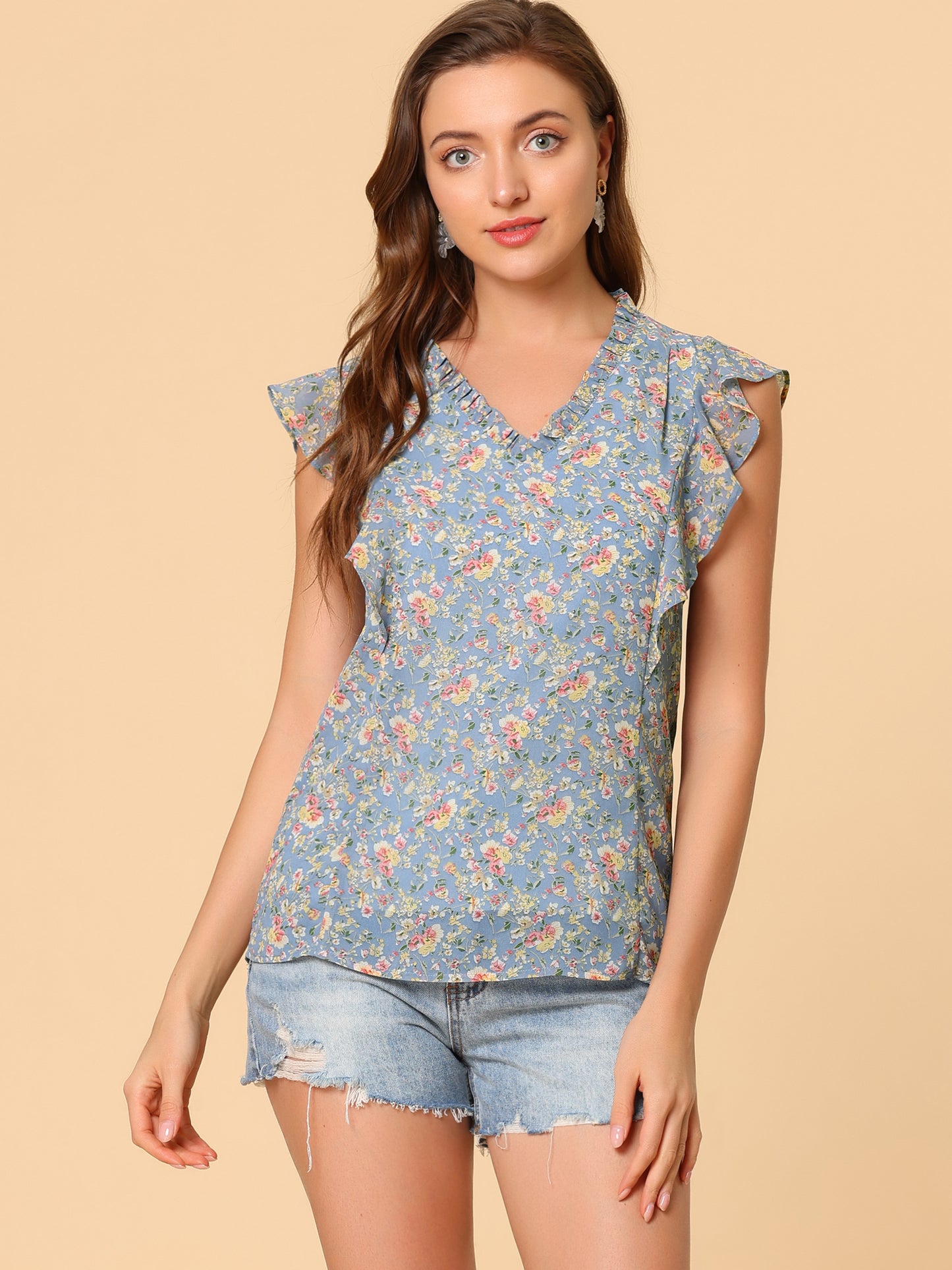 Women's Ruffle V Neck Cap Sleeves Floral Blouse