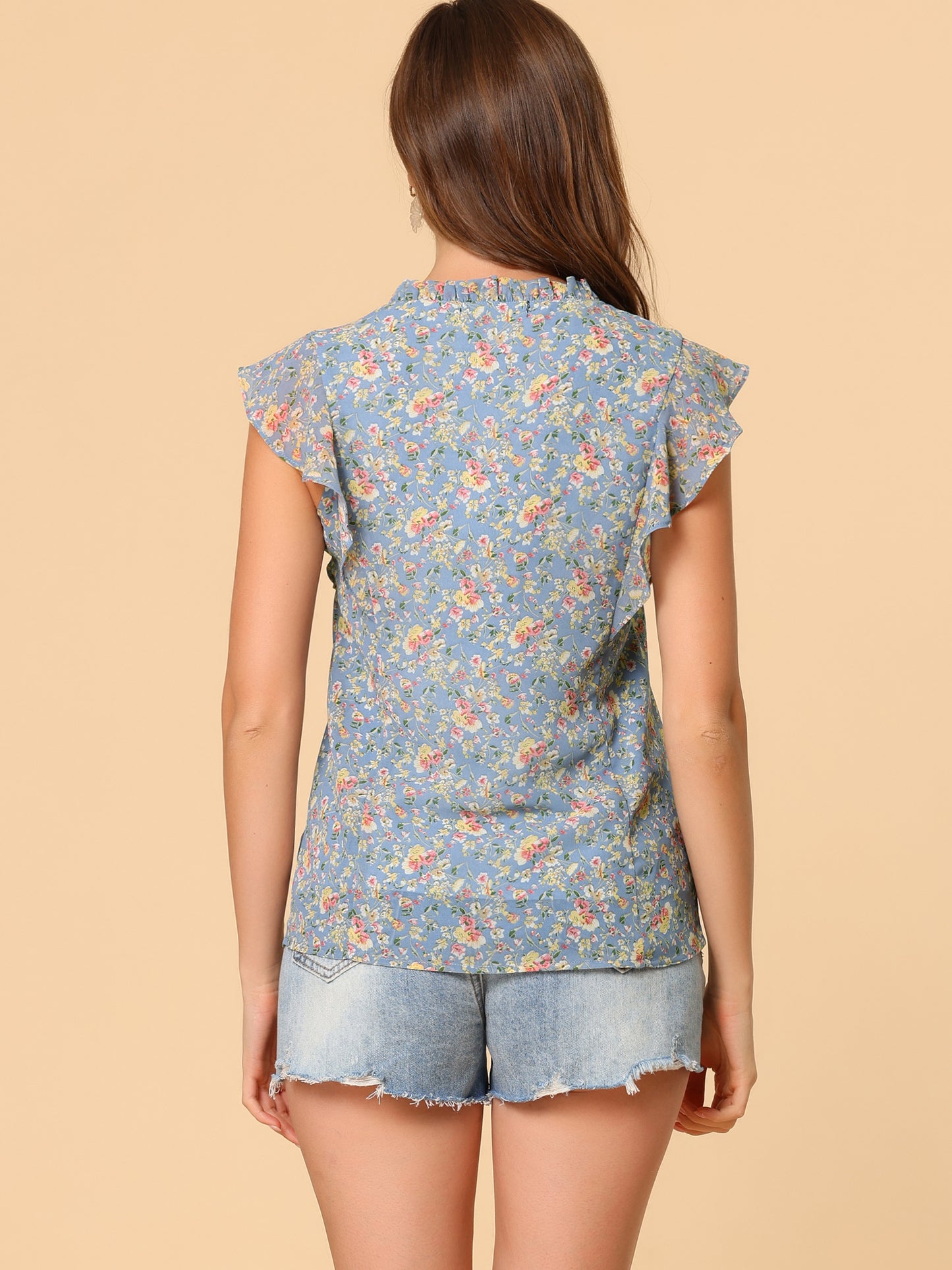 Women's Ruffle V Neck Cap Sleeves Floral Blouse