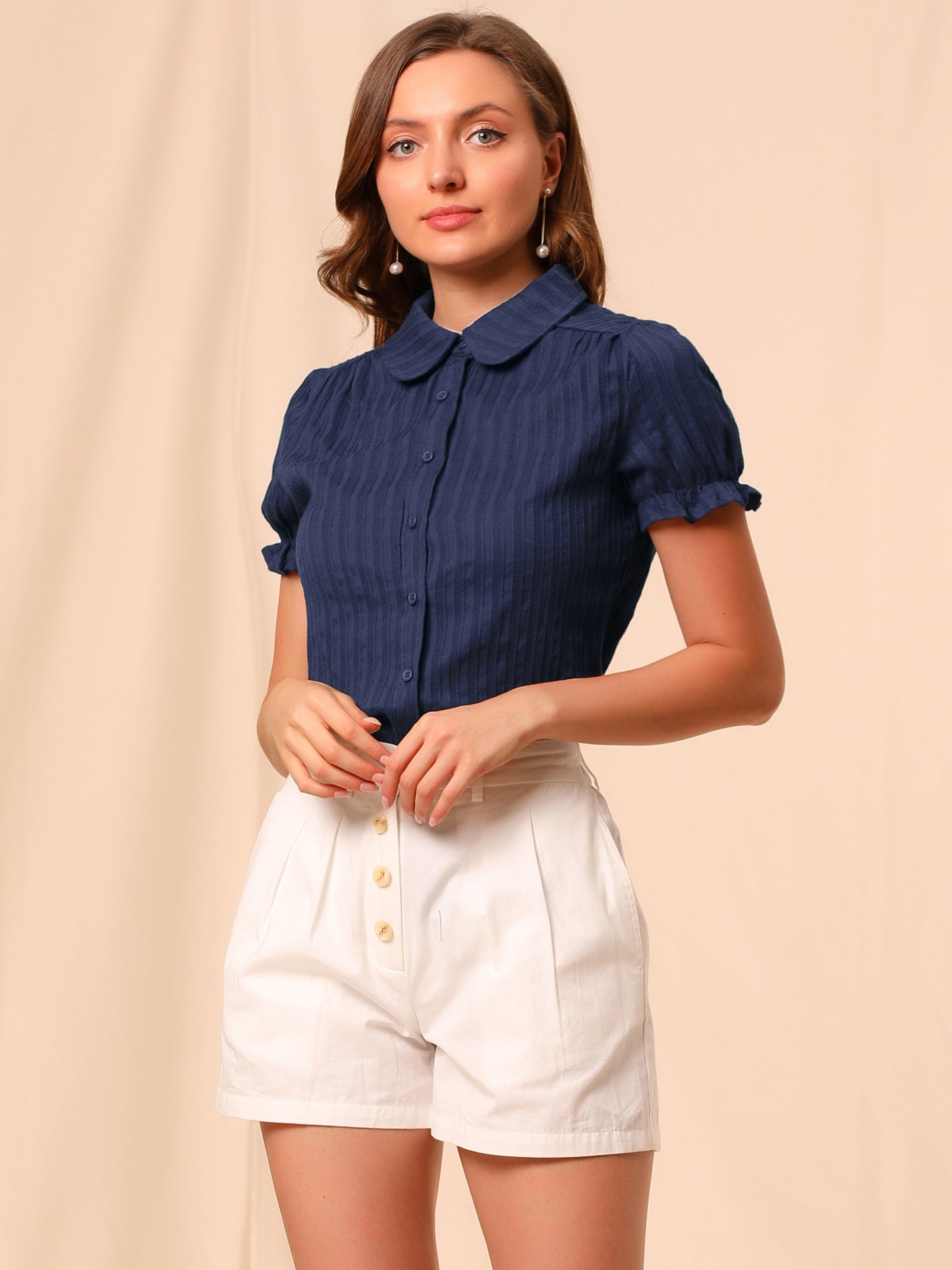 Women's Peter Pan Collar Shirt 1950s Vintage Cotton Button Down Blouse