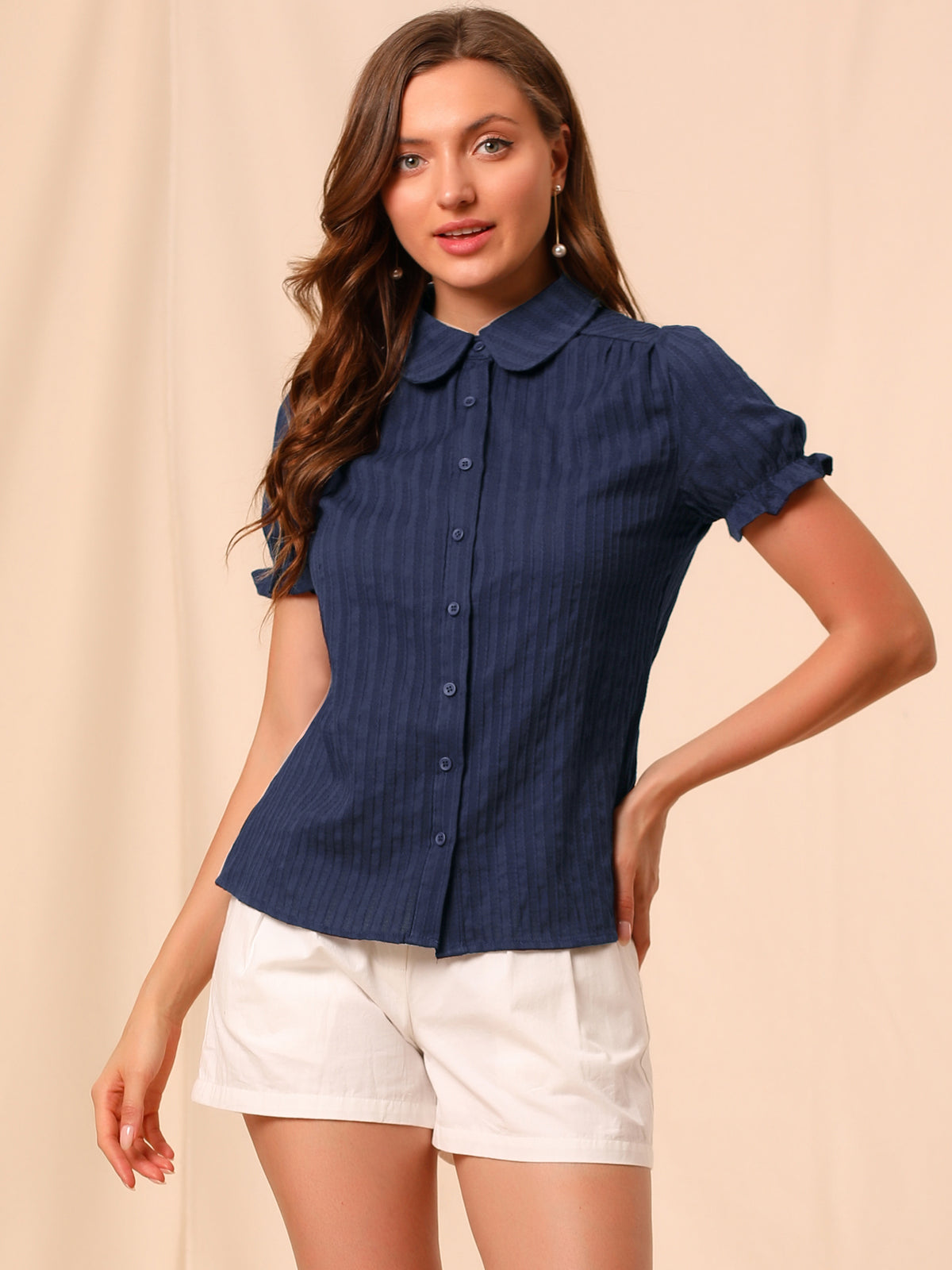 [PACK SALES] Women's 2 Pieces Cotton Frilled Top Turndown Collar Striped Shirt