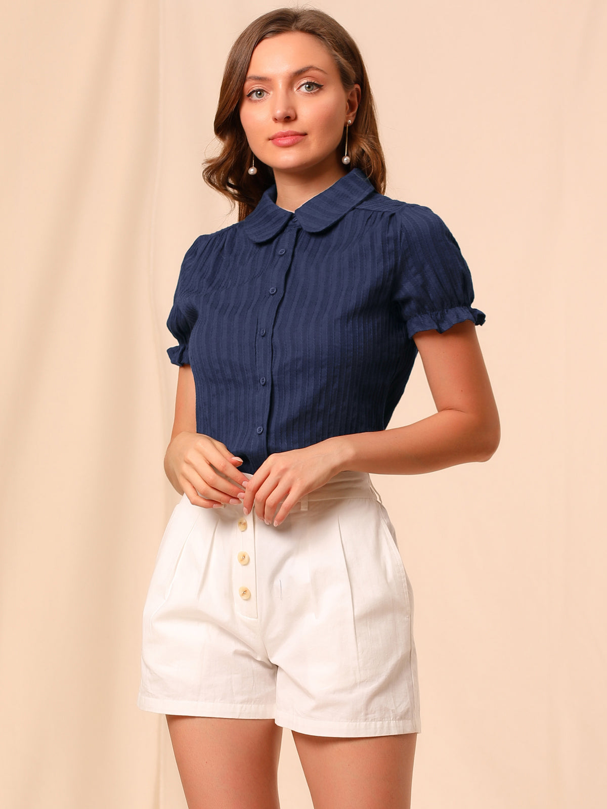 [PACK SALES] Women's 2 Pieces Cotton Frilled Top Turndown Collar Striped Shirt