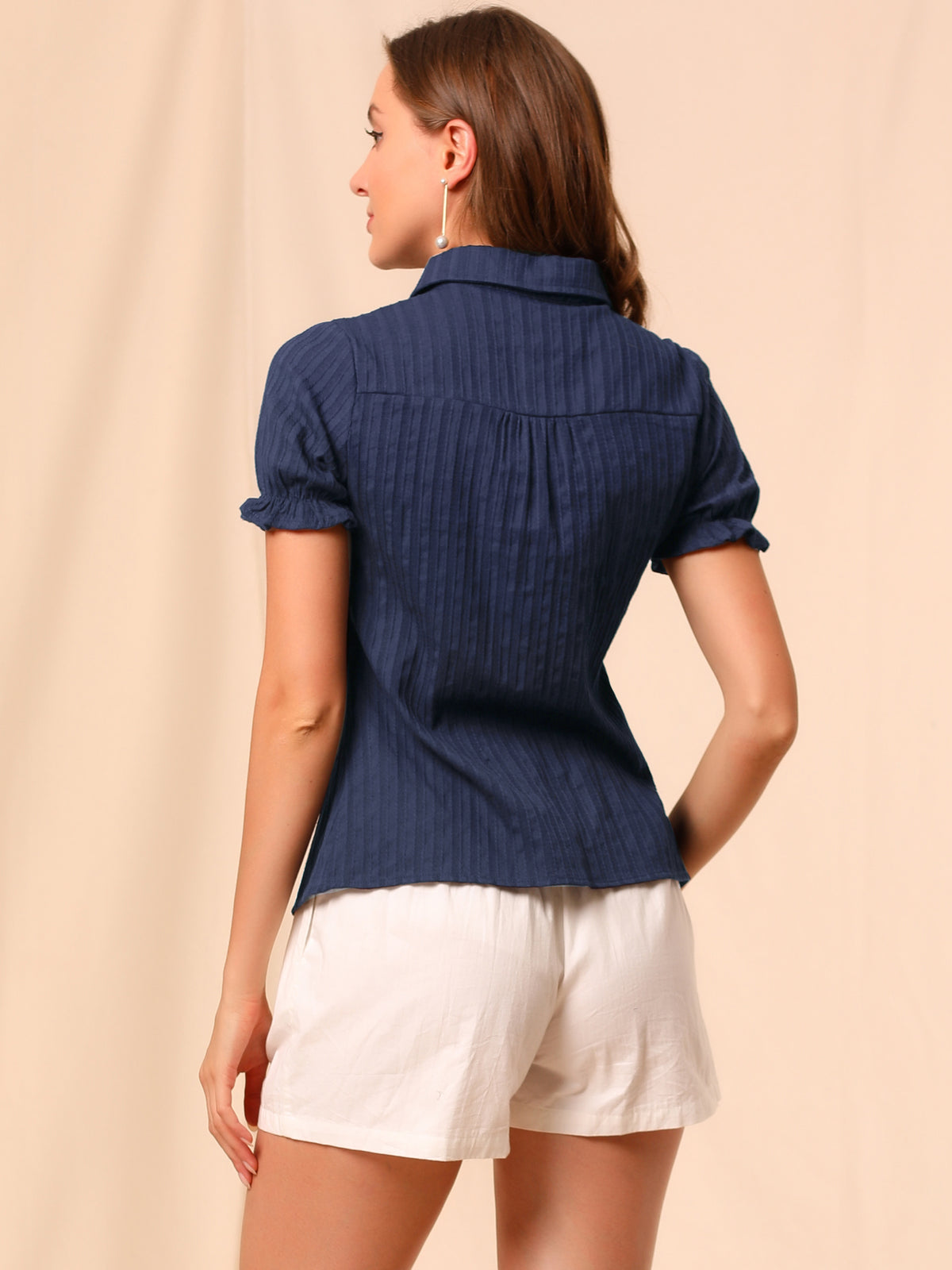 [PACK SALES] Women's 2 Pieces Cotton Frilled Top Turndown Collar Striped Shirt
