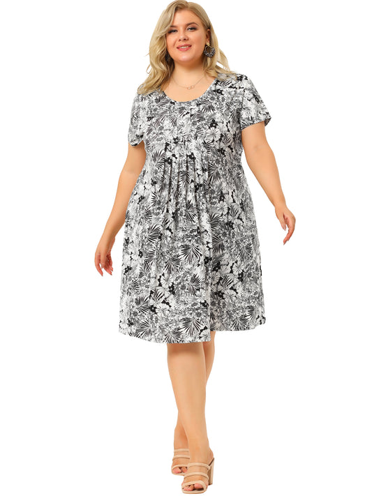 Women Plus Size Short Sleeves Pleated Summer Casual Loose Floral Dress