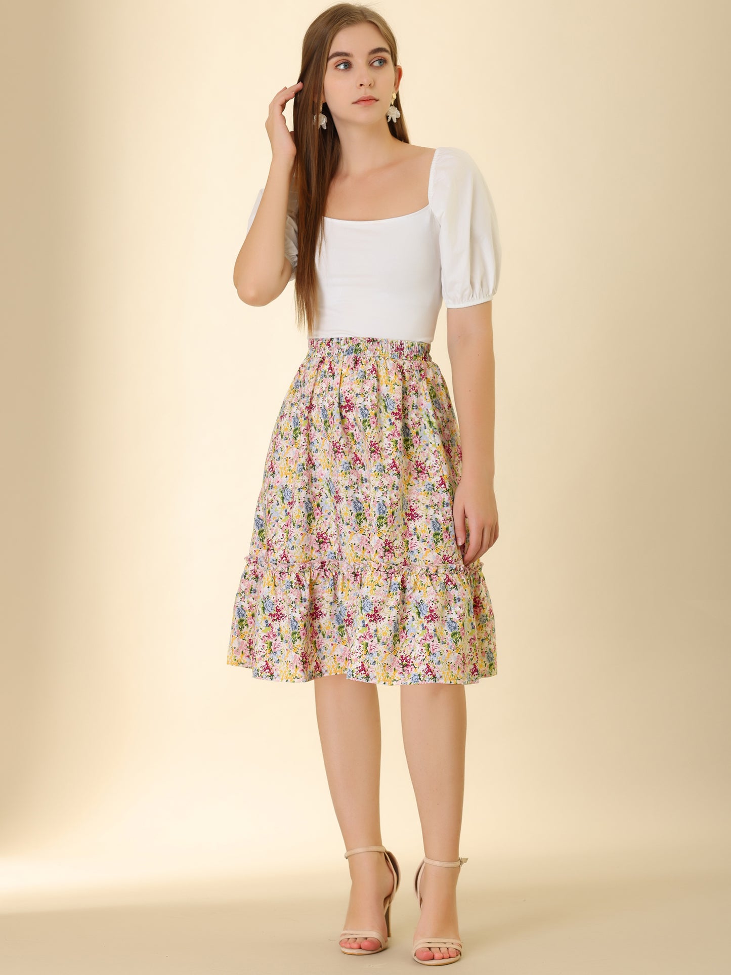 Falda de mujer hasta la rodilla con estampado floral, cintura elástica, fluida, con volantes en forma de A y capas