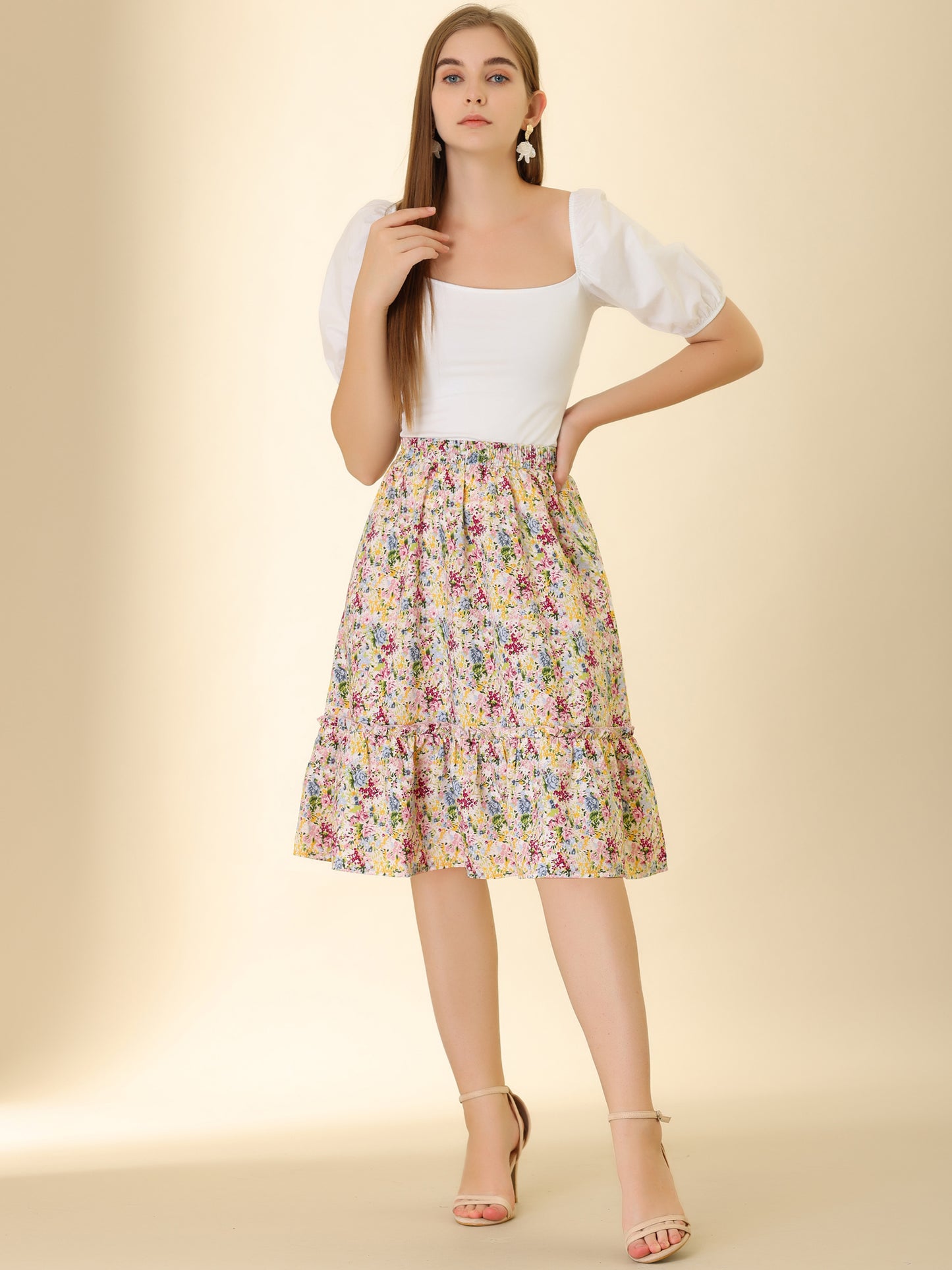 Falda de mujer hasta la rodilla con estampado floral, cintura elástica, fluida, con volantes en forma de A y capas