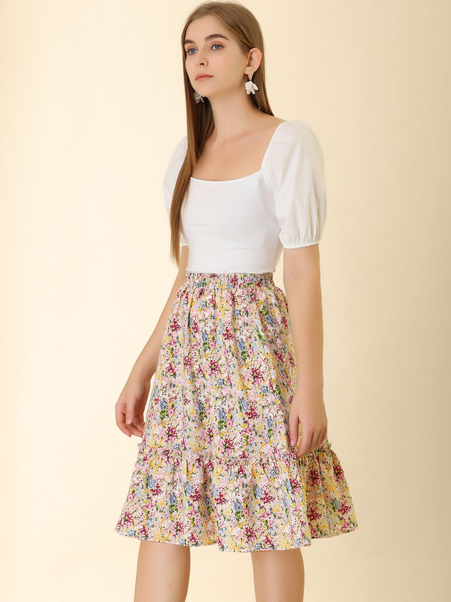 Falda de mujer hasta la rodilla con estampado floral, cintura elástica, fluida, con volantes en forma de A y capas