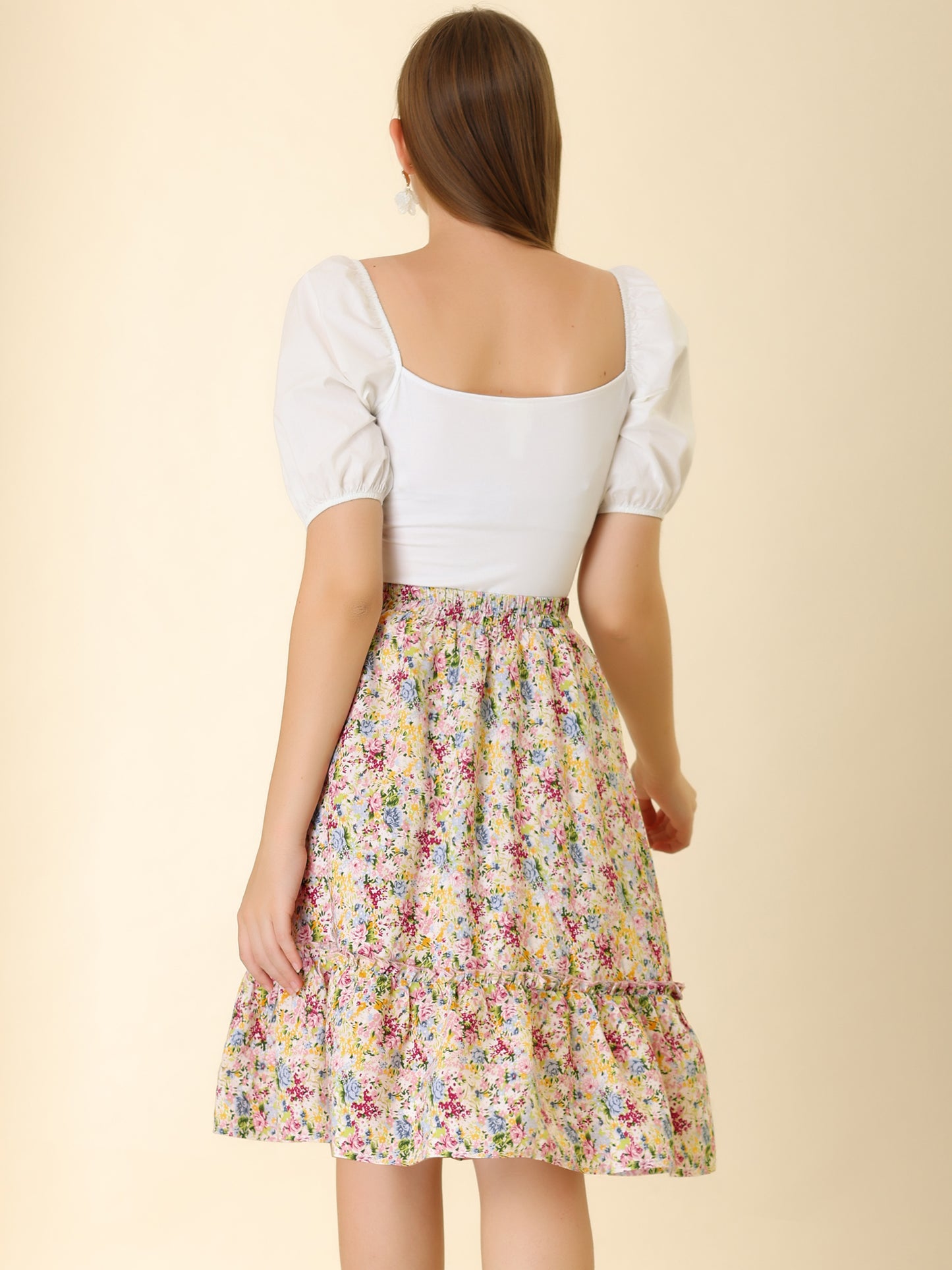 Falda de mujer hasta la rodilla con estampado floral, cintura elástica, fluida, con volantes en forma de A y capas