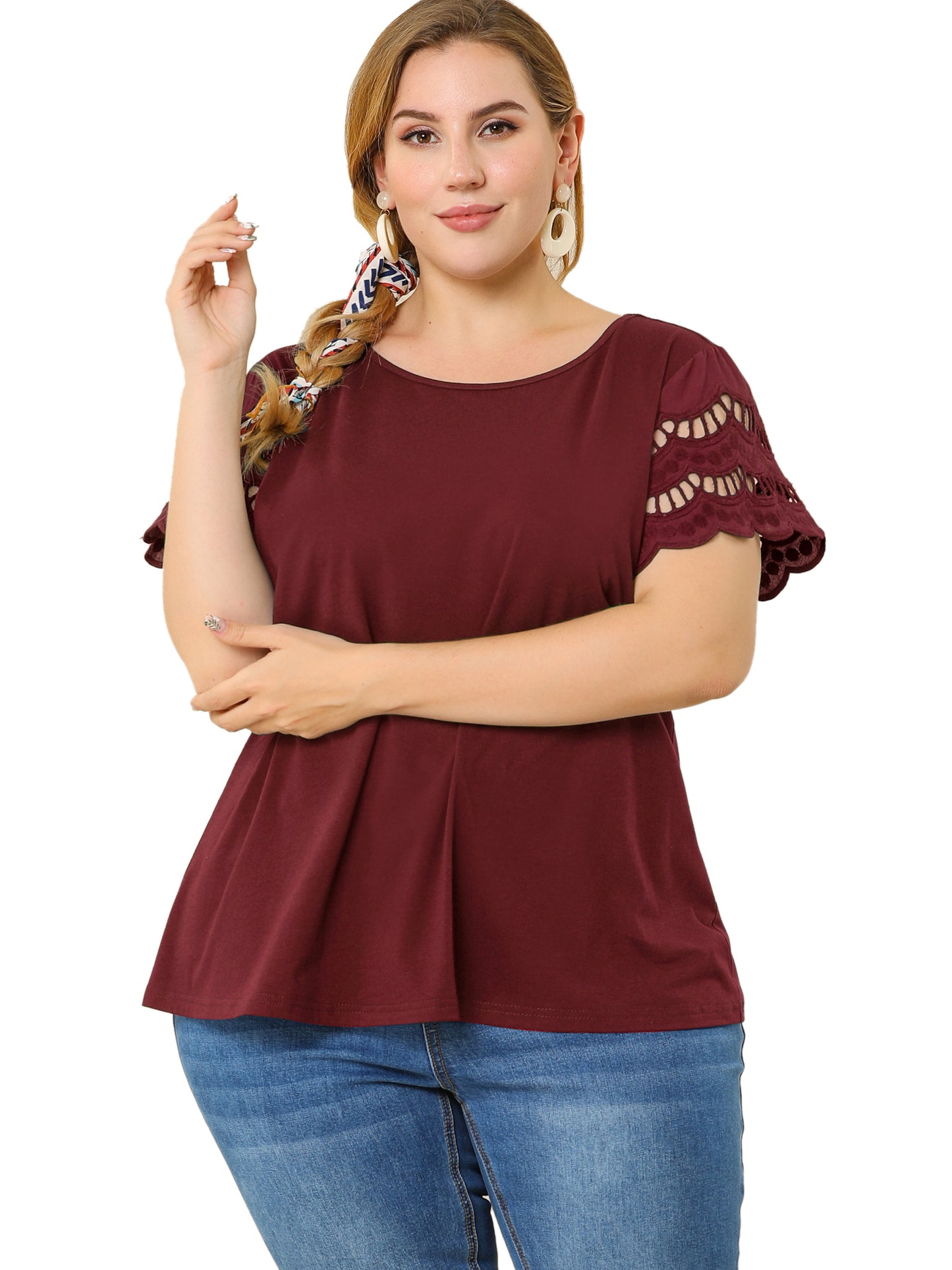 Women's Plus Size Top Round Neck Lace Panel Hollow Short Sleeve Elegant Summer Blouse