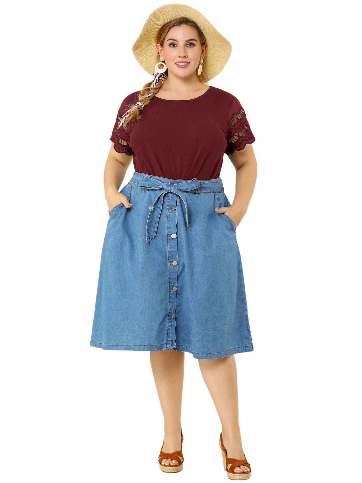 Women's Plus Size Top Round Neck Lace Panel Hollow Short Sleeve Elegant Summer Blouse