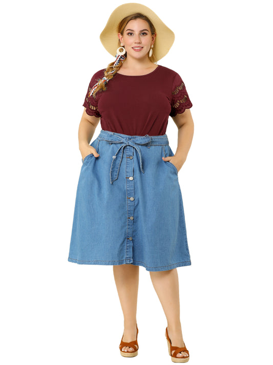Women's Plus Size Top Round Neck Lace Panel Hollow Short Sleeve Elegant Summer Blouse