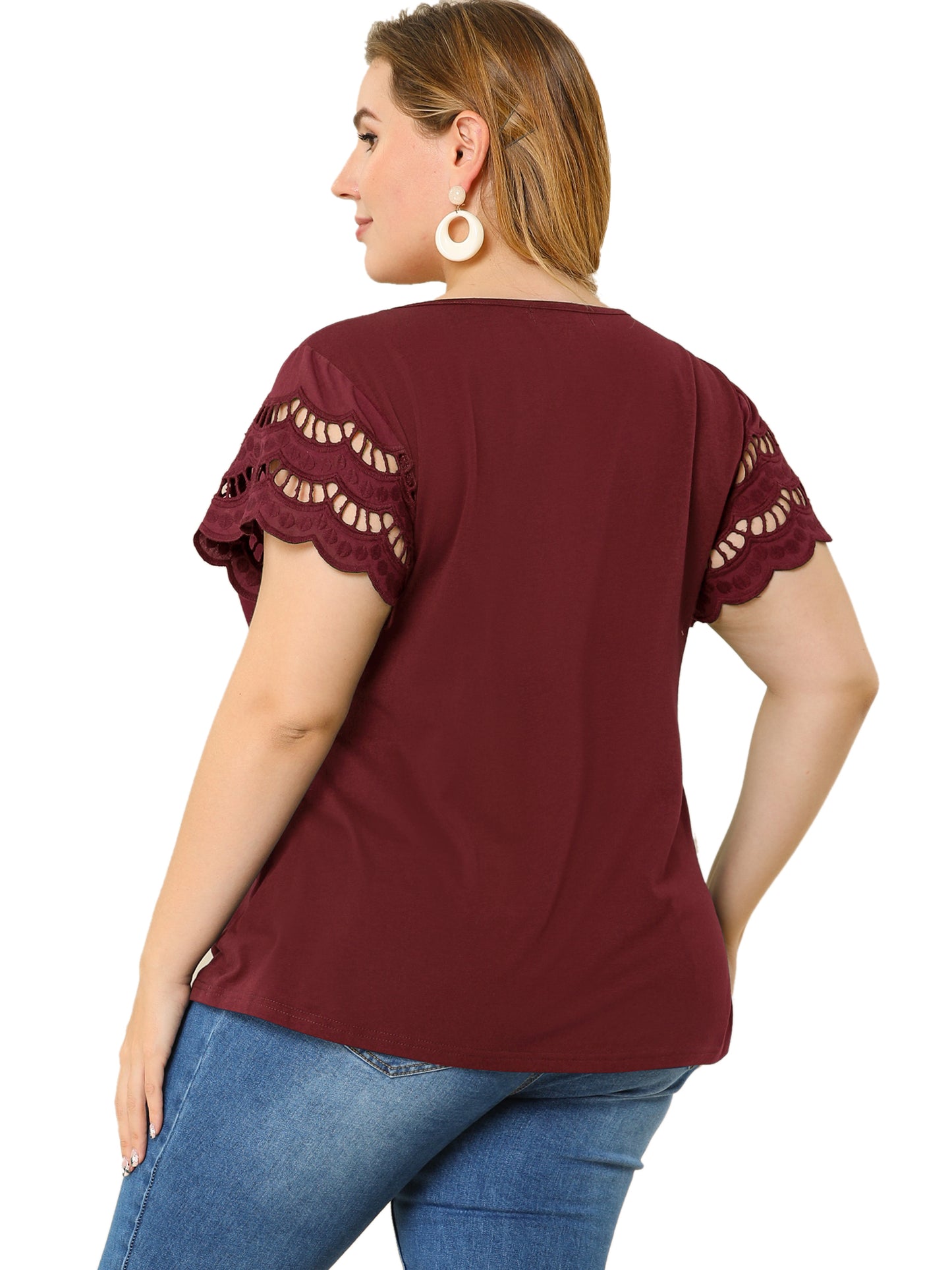 Women's Plus Size Top Round Neck Lace Panel Hollow Short Sleeve Elegant Summer Blouse