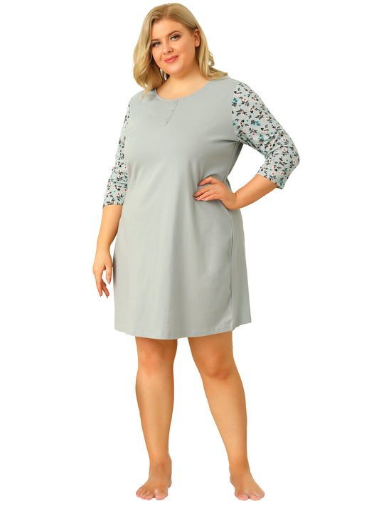 Women Plus Size Nightgown Floral 3/4 Sleeve Sleepwear Sleepshirt