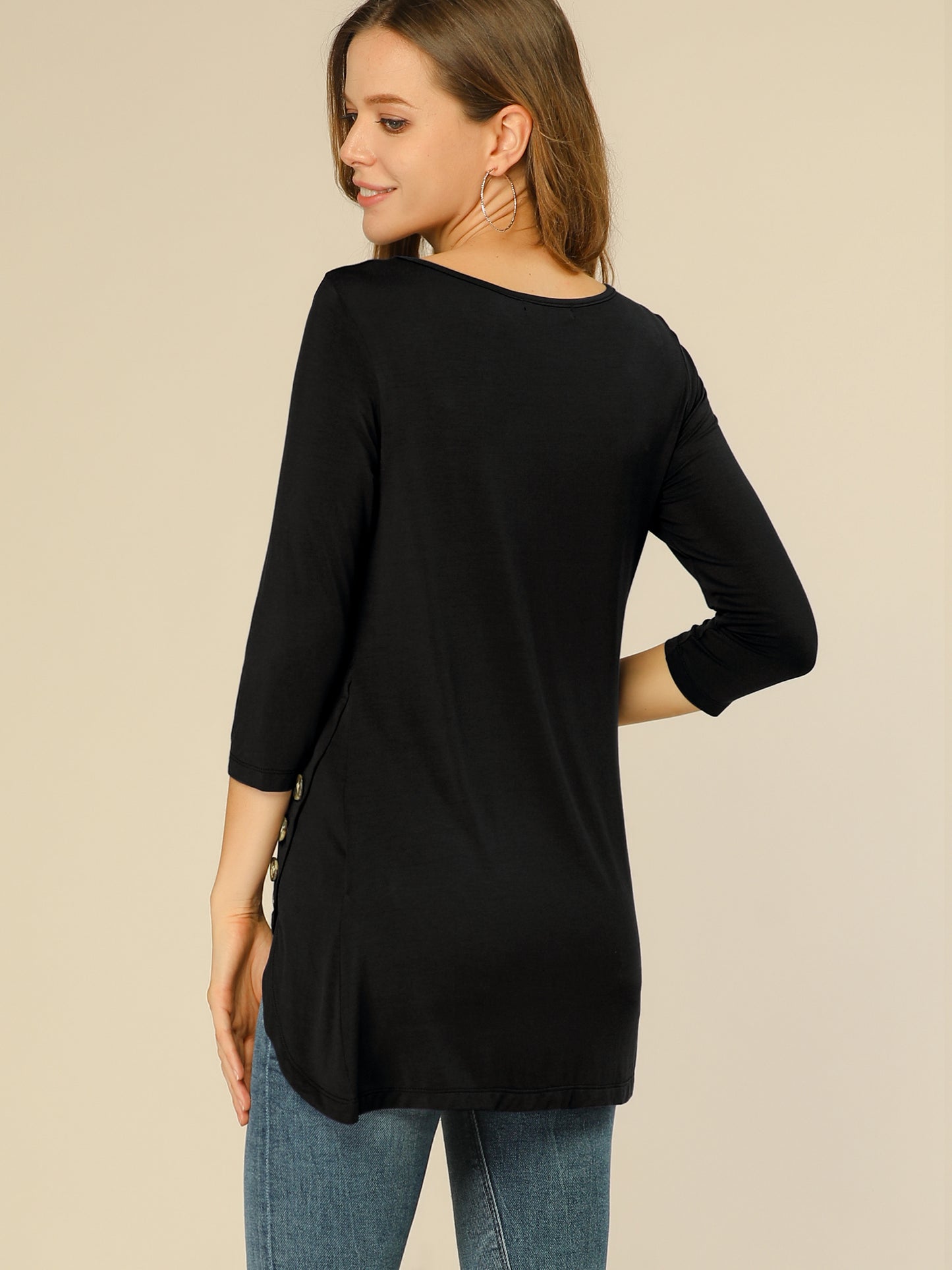 Women's Tunic T-shirt Loose Asymmetry Hem 3/4 Sleeve Round Neck Casual Basic Top (Available in Plus Size)