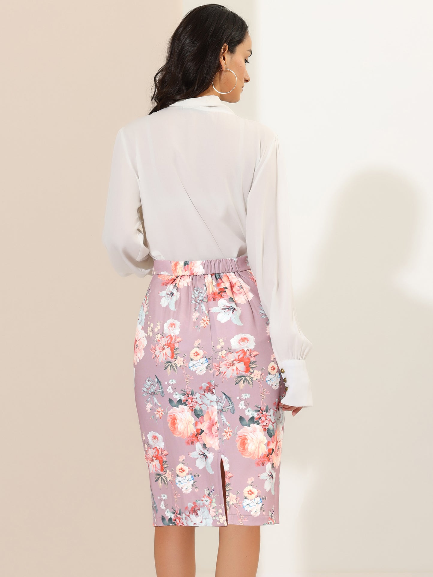 Falda tubo ajustada con cintura elástica y estampado floral para mujer con abertura en la espalda