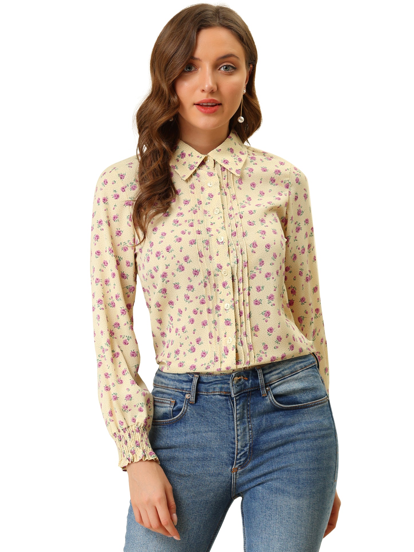 Women's Casual Point Collar Long Sleeve Blouse Floral Button Down Shirt