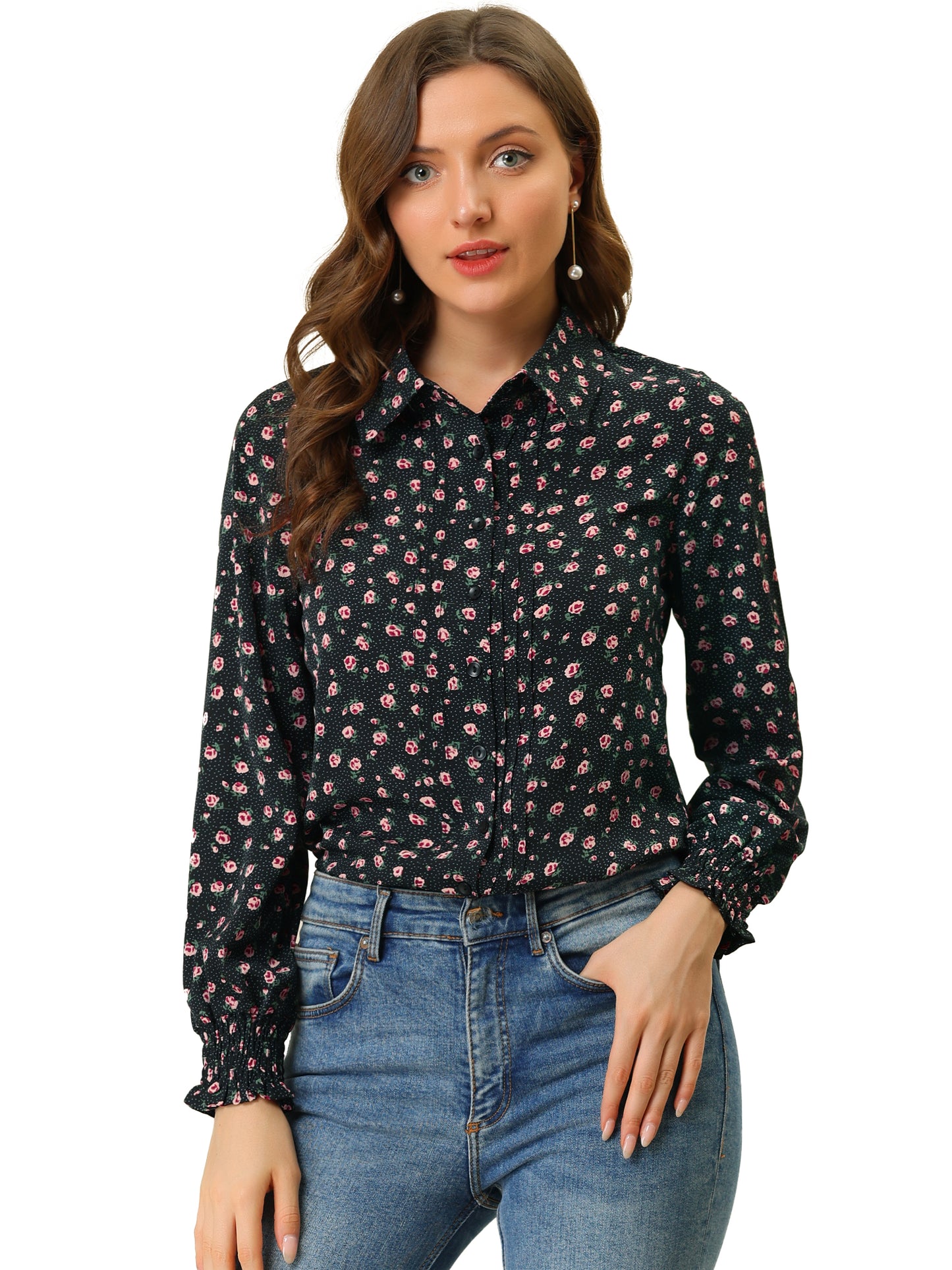 Women's Casual Point Collar Long Sleeve Blouse Floral Button Down Shirt