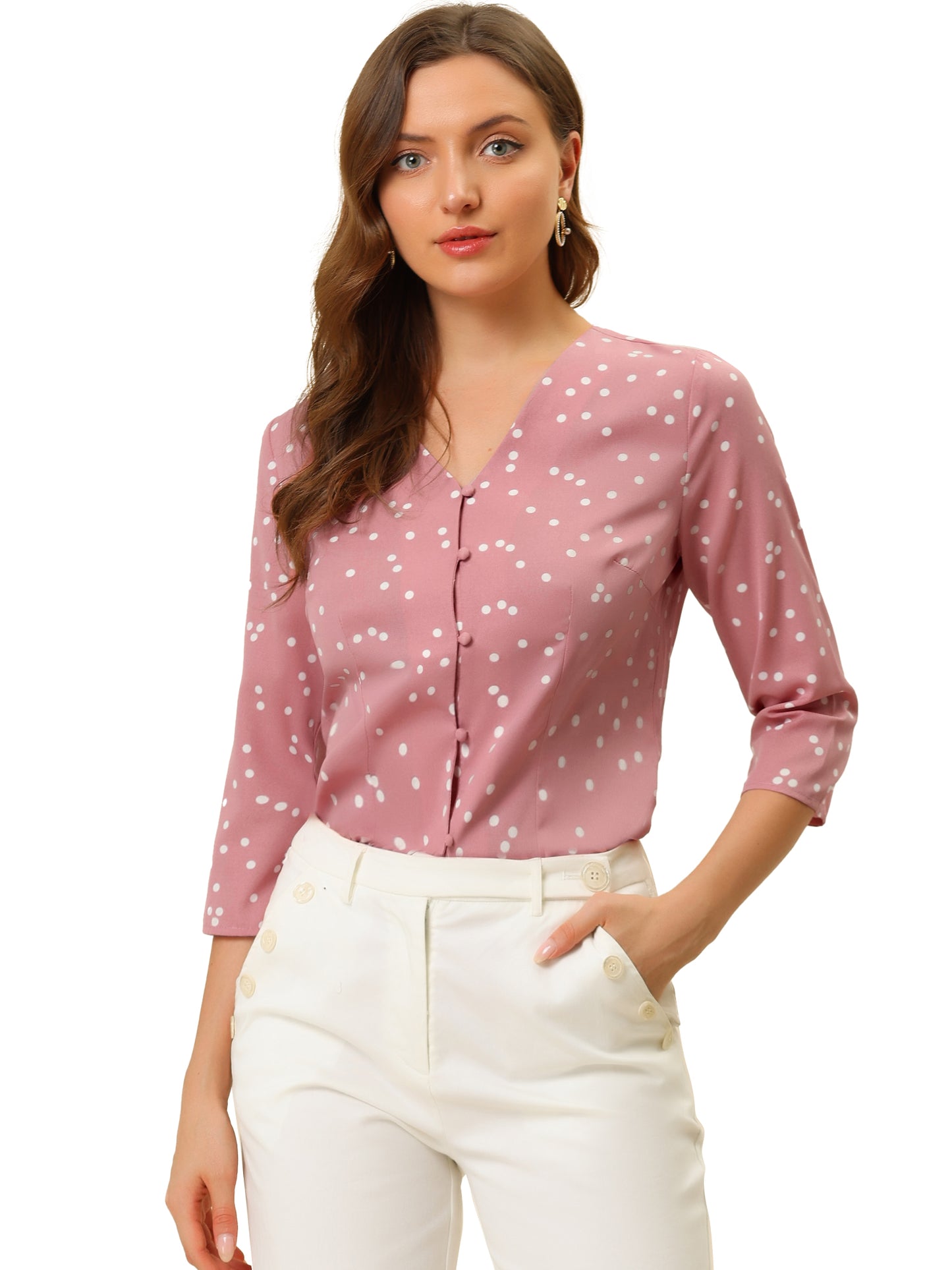 Women's Polka Dots 3/4 Sleeve Button Front V Neck Blouse Shirt (Available in Plus Size)