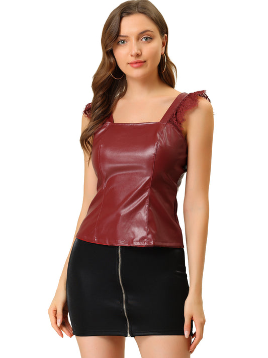 Women's PU Cami Lace Trim Party Faux Leather Top