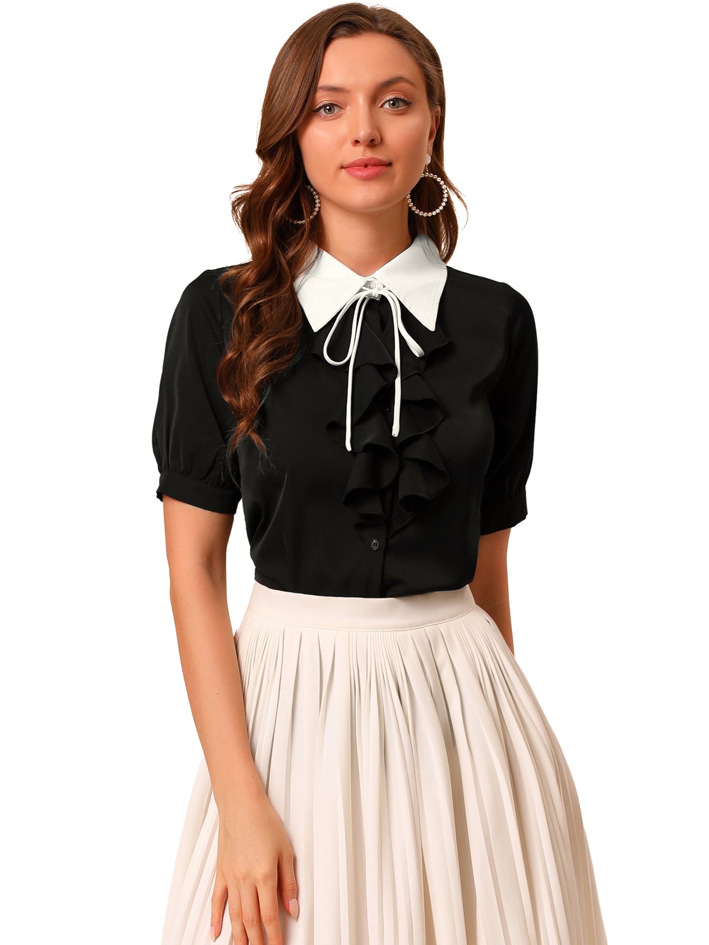 Women's Ruffle Shirts Contrast Collar Button Down Short Sleeve Work Blouse